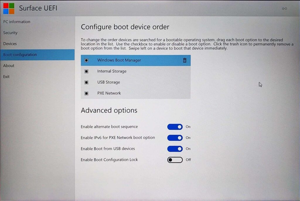 Surface Pro 4 - UEFI - Configuration de démarrage